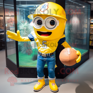 Yellow American Football Helmet mascot costume character dressed with a Denim Shorts and Cufflinks