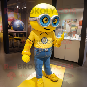Yellow American Football Helmet mascot costume character dressed with a Denim Shorts and Cufflinks