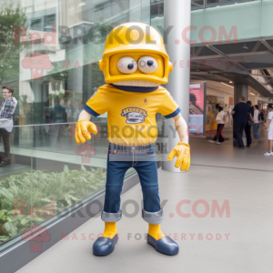 Yellow American Football Helmet mascot costume character dressed with a Denim Shorts and Cufflinks