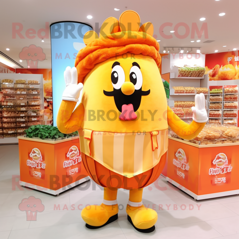 Peach French Fries mascot costume character dressed with a Culottes and Keychains Peach French Fries mascot costume character dressed with a Culottes and Keychains