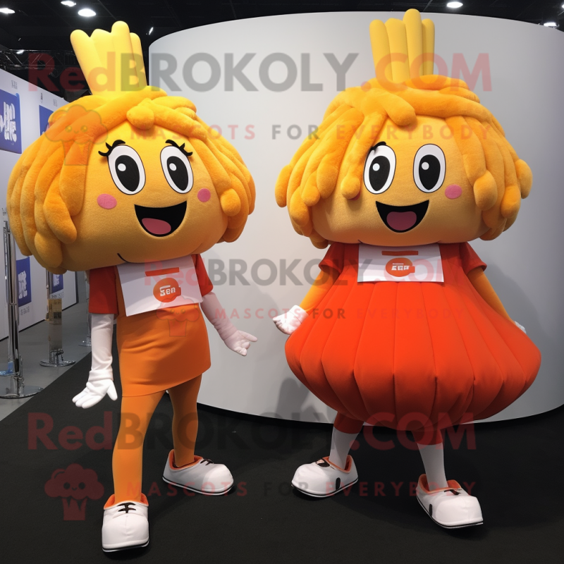 Peach French Fries mascot costume character dressed with a Culottes and Keychains Peach French Fries mascot costume character dressed with a Culottes and Keychains
