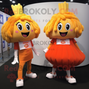 Peach French Fries mascot costume character dressed with a Culottes and Keychains