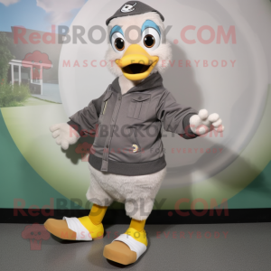 Gray Gosling mascot costume character dressed with a Hoodie and Shoe laces