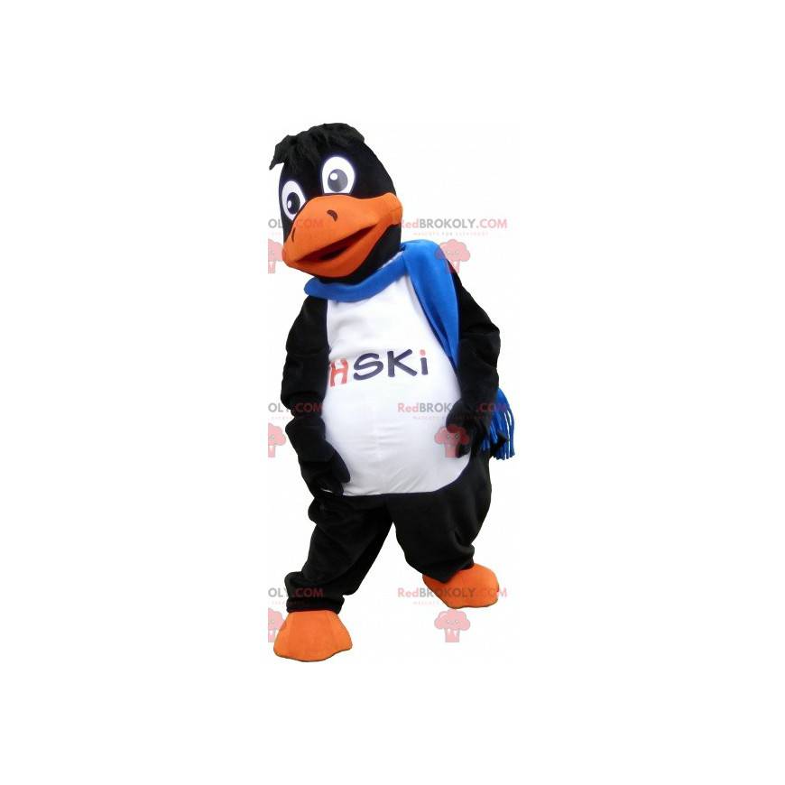 Mascota de pato gigante negro y naranja con una bufanda -