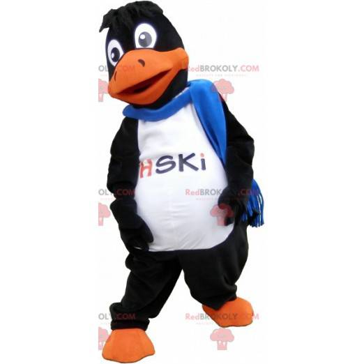 Mascote pato gigante preto e laranja com um lenço -