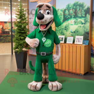 Forest Green Dog mascot costume character dressed with a Polo Shirt and Tie pins