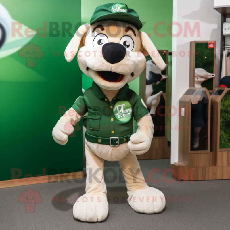 Forest Green Dog mascot costume character dressed with a Polo Shirt and Tie pins