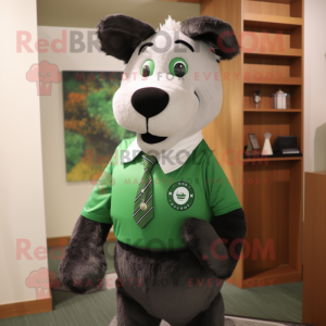 Forest Green Dog mascot costume character dressed with a Polo Shirt and Tie pins