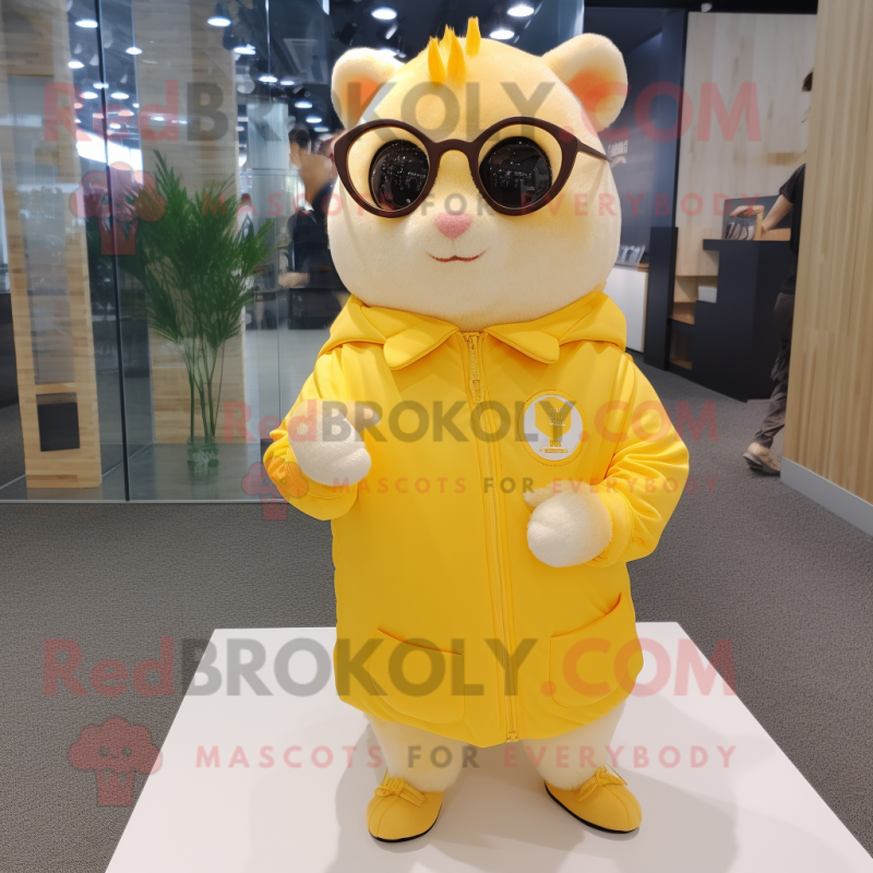 Lemon Yellow Hamster mascot costume character dressed with a Cardigan and Sunglasses