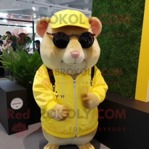 Lemon Yellow Hamster mascot costume character dressed with a Cardigan and Sunglasses