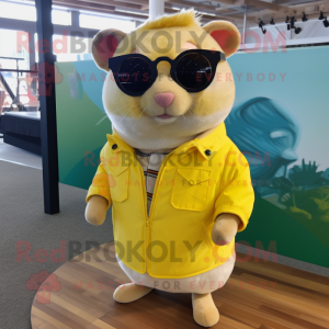 Lemon Yellow Hamster mascot costume character dressed with a Cardigan and Sunglasses