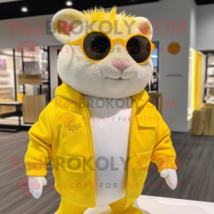 Lemon Yellow Hamster mascot costume character dressed with a Cardigan and Sunglasses