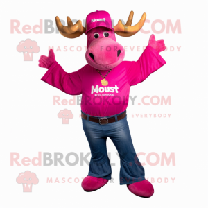 Magenta Moose mascot costume character dressed with a Bootcut Jeans and Headbands