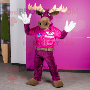 Magenta Moose mascot costume character dressed with a Bootcut Jeans and Headbands