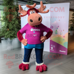 Magenta Moose mascot costume character dressed with a Bootcut Jeans and Headbands