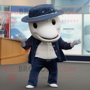 Navy Humpback Whale mascot costume character dressed with a Oxford Shirt and Caps