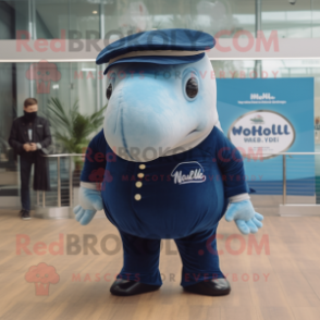 Navy Humpback Whale mascot costume character dressed with a Oxford Shirt and Caps