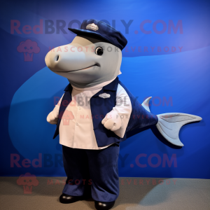 Navy Humpback Whale mascot costume character dressed with a Oxford Shirt and Caps