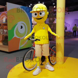Lemon Yellow Unicyclist mascot costume character dressed with a Polo Shirt and Caps