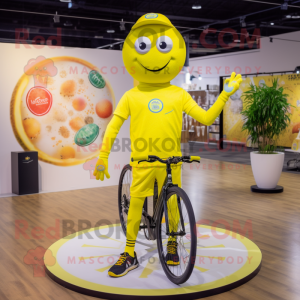 Lemon Yellow Unicyclist mascot costume character dressed with a Polo Shirt and Caps