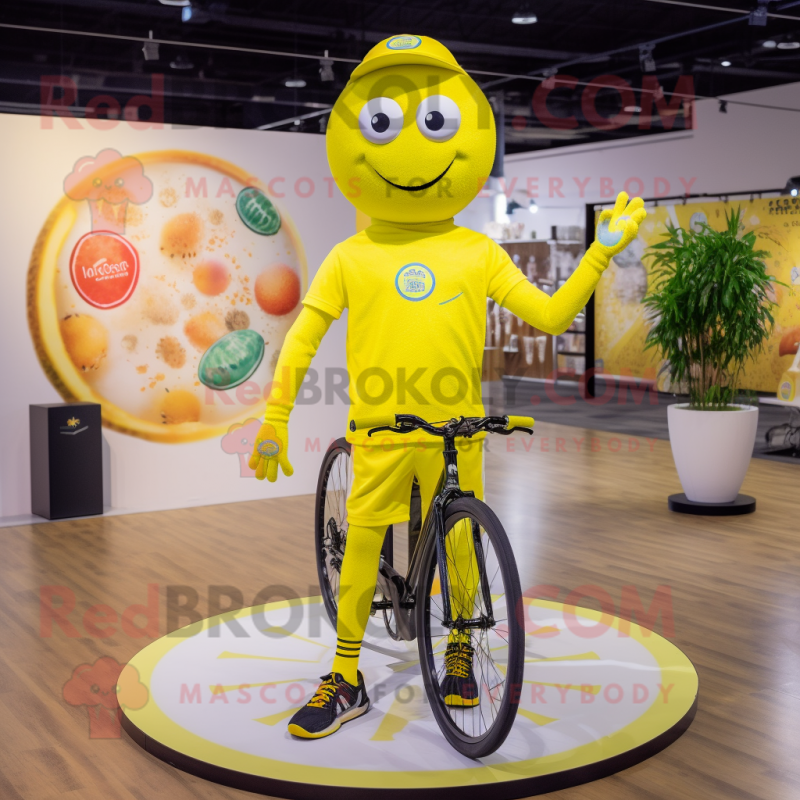 Lemon Yellow Unicyclist mascot costume character dressed with a Polo Shirt and Caps Lemon Yellow Unicyclist mascot costume character dressed with a Polo Shirt and Caps