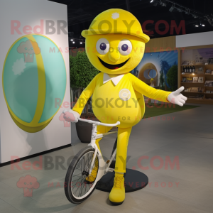 Lemon Yellow Unicyclist mascot costume character dressed with a Polo Shirt and Caps