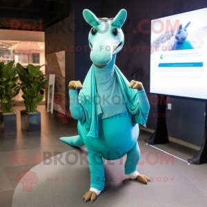Teal Parasaurolophus mascot costume character dressed with a Yoga Pants and Shawls