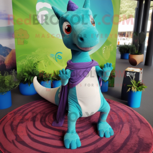 Teal Parasaurolophus mascot costume character dressed with a Yoga Pants and Shawls