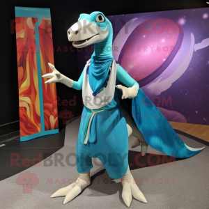 Teal Parasaurolophus mascot costume character dressed with a Yoga Pants and Shawls