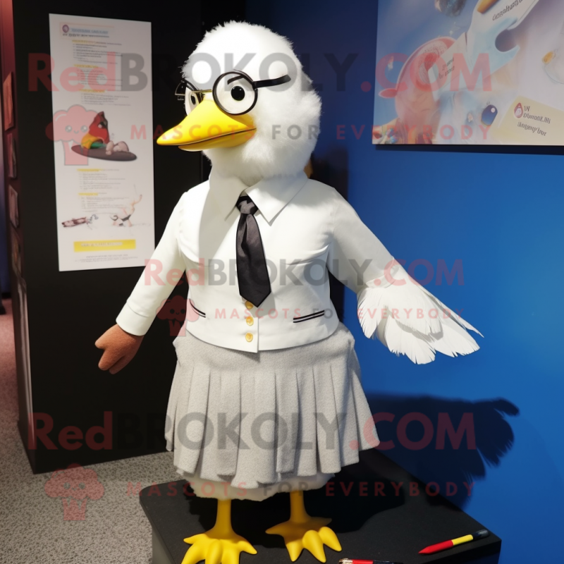 nan Dove mascot costume character dressed with a Pencil Skirt and Lapel pins nan Dove mascot costume character dressed with a Pencil Skirt and Lapel pins