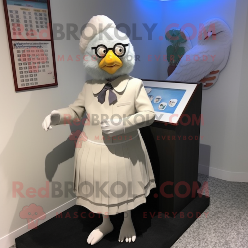 nan Dove mascot costume character dressed with a Pencil Skirt and Lapel pins nan Dove mascot costume character dressed with a Pencil Skirt and Lapel pins