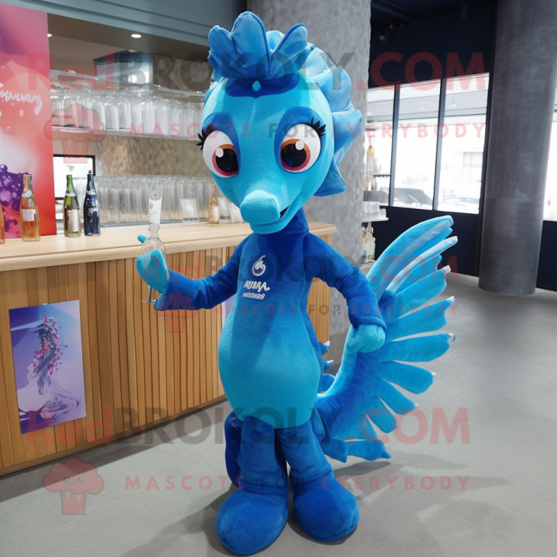 Blue Sea Horse mascot costume character dressed with a Cocktail Dress and Headbands Blue Sea Horse mascot costume character dressed with a Cocktail Dress and Headbands