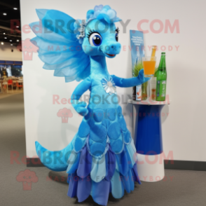 Blue Sea Horse mascot costume character dressed with a Cocktail Dress and Headbands