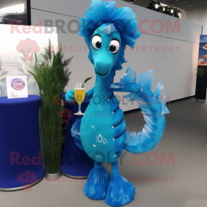 Blue Sea Horse mascot costume character dressed with a Cocktail Dress and Headbands