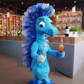 Blue Sea Horse mascot costume character dressed with a Cocktail Dress and Headbands