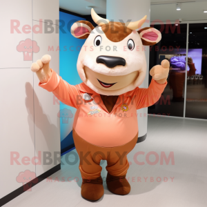 Peach Bull mascot costume character dressed with a Vest and Gloves
