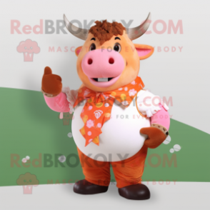 Peach Bull mascot costume character dressed with a Vest and Gloves