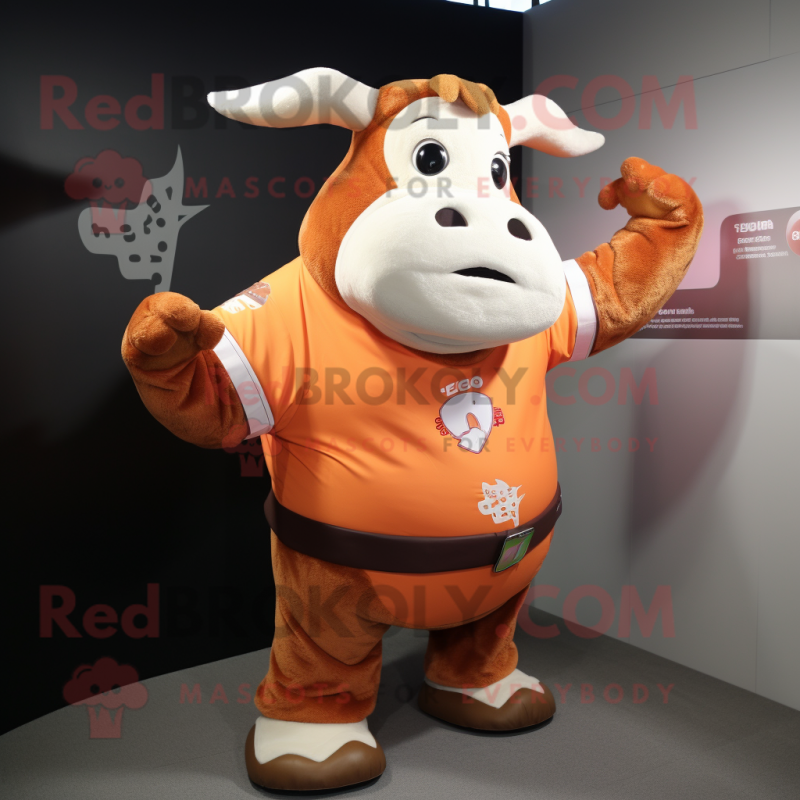 Peach Bull mascot costume character dressed with a Vest and Gloves