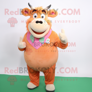 Peach Bull mascot costume character dressed with a Vest and Gloves