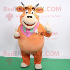 Peach Bull mascot costume character dressed with a Vest and Gloves