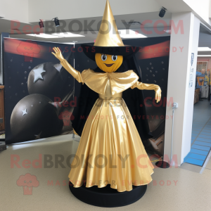 Gold Witch'S Hat mascot costume character dressed with a Ball Gown and Tie pins