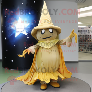 Gold Witch'S Hat mascot costume character dressed with a Ball Gown and Tie pins