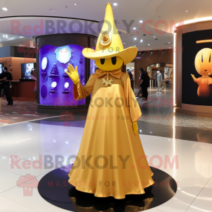 Gold Witch'S Hat mascot costume character dressed with a Ball Gown and Tie pins