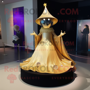 Gold Witch'S Hat mascot costume character dressed with a Ball Gown and Tie pins