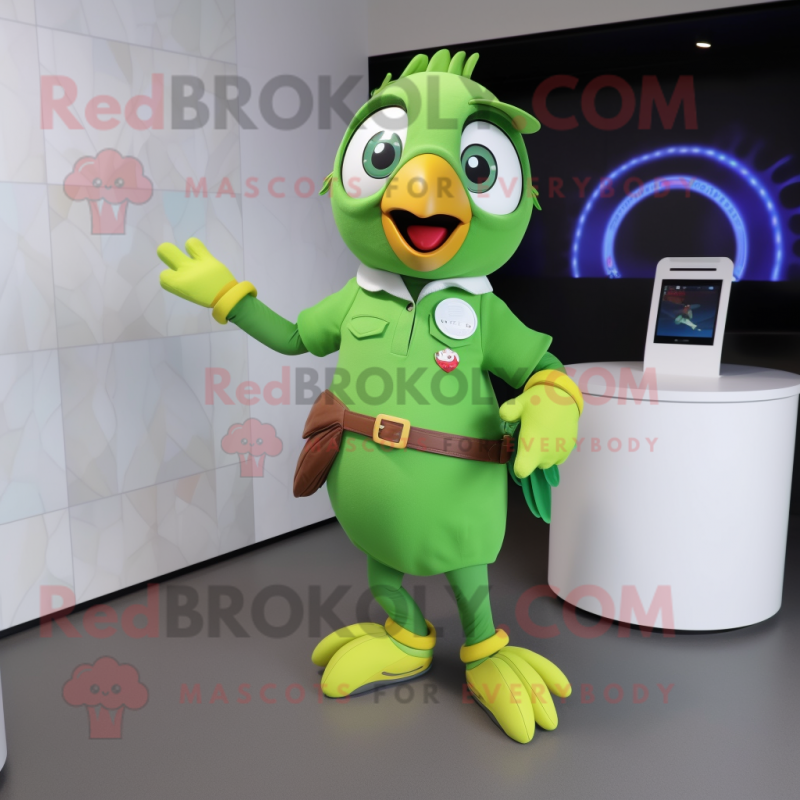 Olive Parrot mascot costume character dressed with a A-Line Skirt and Smartwatches