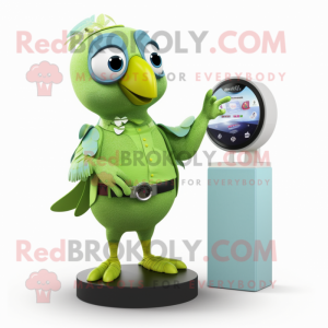 Olive Parrot mascot costume character dressed with a A-Line Skirt and Smartwatches