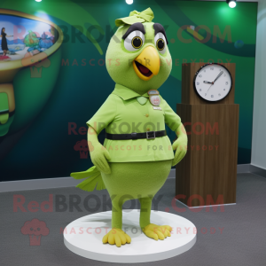 Olive Parrot mascot costume character dressed with a A-Line Skirt and Smartwatches