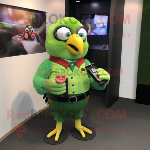 Olive Parrot mascot costume character dressed with a A-Line Skirt and Smartwatches