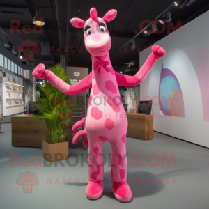 Pink Giraffe mascot costume character dressed with a Yoga Pants and Tie pins