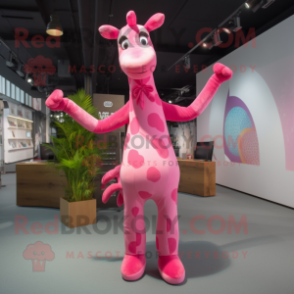 Pink Giraffe mascot costume character dressed with a Yoga Pants and Tie pins